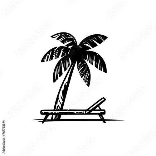Seashore, sun, palm trees,beach umbrella and outdoor sun beds. Hand drawn vector exotic holidays illustration.
