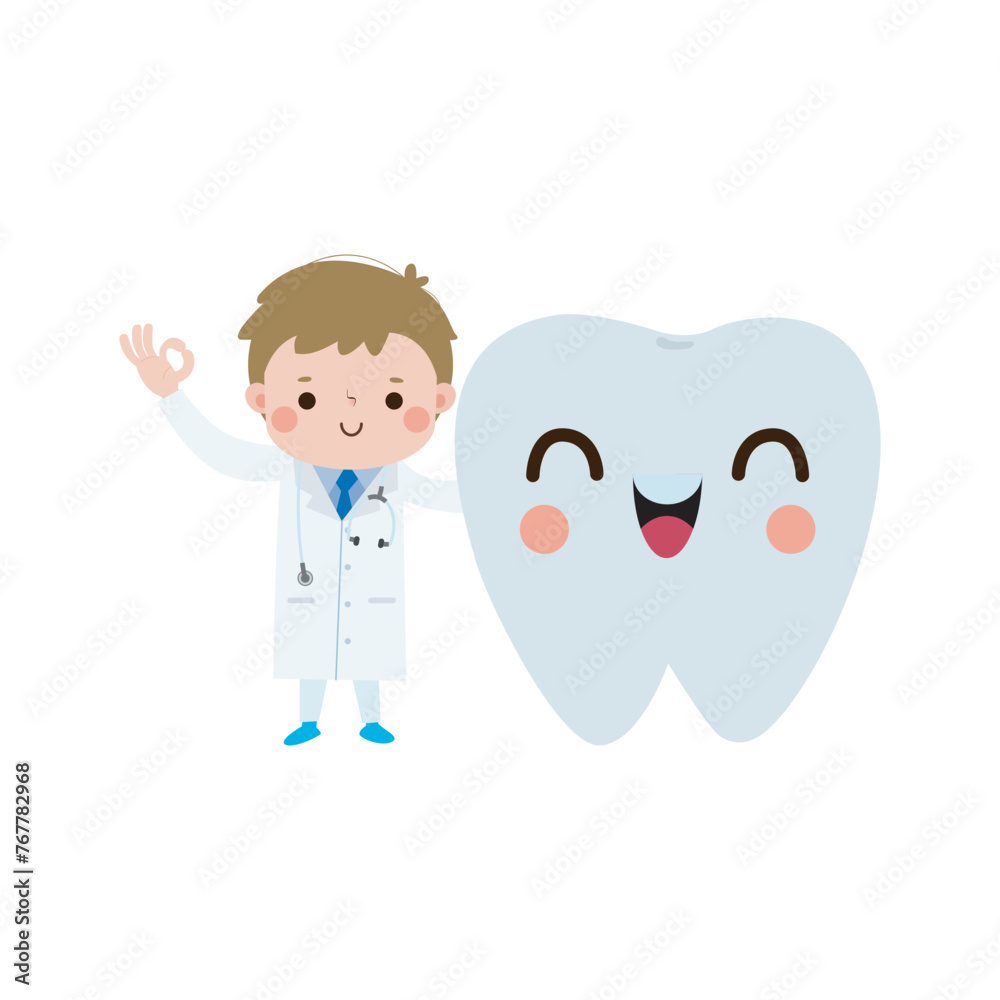 Happy Dentist with Tooth character Cute cartoon flat style vector illustration on white background Happy Dentist with Tooth character Cute cartoon flat style vector illustration on white background