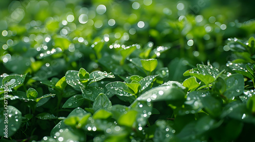 A vibrant field of green plants glistens with water droplets, reflecting the sunlight and enhancing their lush appearance