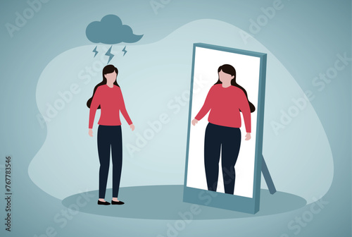 Vector illustration of a young woman looking in the mirror and seeing herself as if she has overweight.Body Anxiety