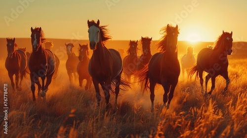 A majestic herd of horses galloping in a field against a golden sunset backdrop, with dust trailing behind.