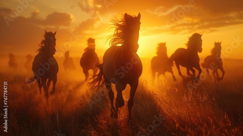 Herd of horses running in a field at golden hour.