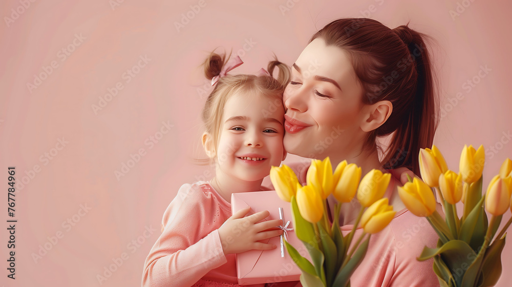 Happy mother and kid hugging each other, Mother's Day gift, Happy Mother's Day,with copy space