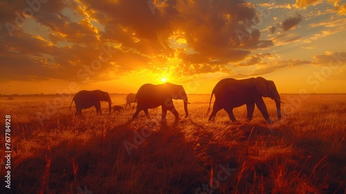 A trio of elephant silhouettes against a vibrant sunset in the savanna.