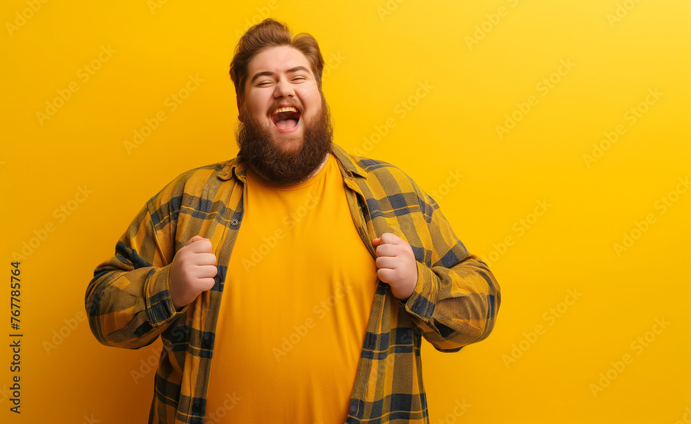 Celebrating Success with a Plus-Size Smile on yellow background Celebrating Success with a Plus-Size Smile on yellow background