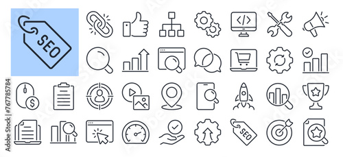 SEO Search Engine Optimization editable stroke outline icons set isolated on white background flat vector illustration. Pixel perfect. 64 x 64.