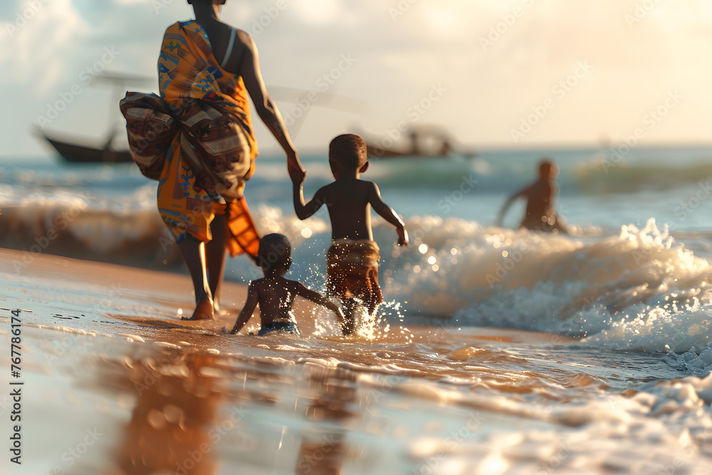 african family at the beach  - obrazy, fototapety, plakaty 