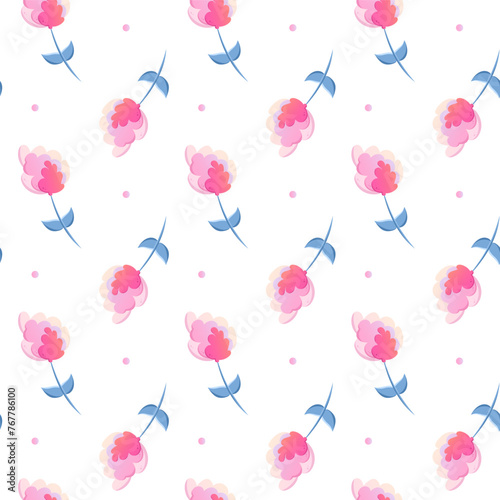 Colorful seamless pattern with pink hydrangea in flat style. Pattern with flowers and dots