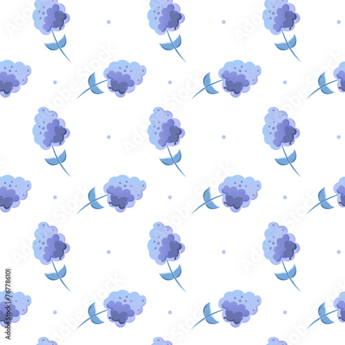 Colorful seamless pattern with blue hydrangea in flat style. Pattern with flowers and dots