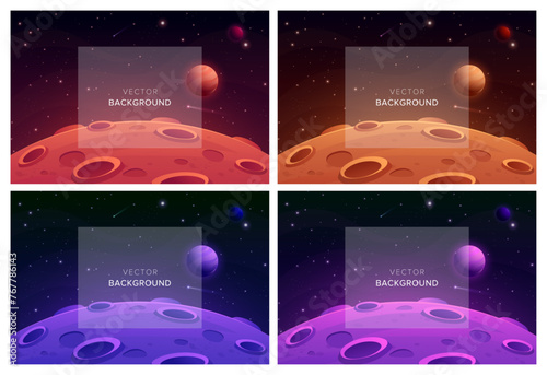 Mars surface landscape. Vector illustration of night alien planet with craters, saturn planet, sky galaxy, comet and stars. Red desert in cosmos.Martian extraterrestrial background for game, ui design