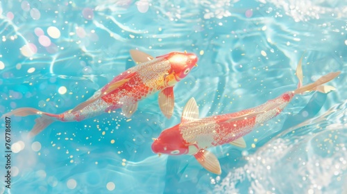 Sparkling Koi Fish Swimming in Blue Water