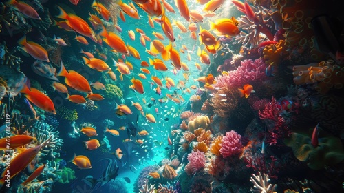 A dazzling underwater landscape with colorful fish and coral. #767786309