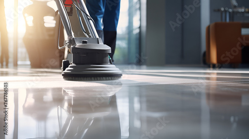 Worker polishing hard floor with polishing machine
