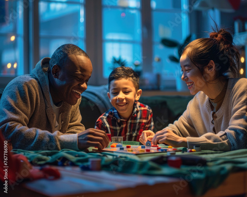 Family of different ethnicities playing board games on a cozy evening, warmth and laughter filling the room. 