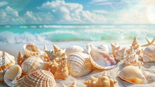 Vacation summer holiday travel tropical ocean sea panorama landscape - Close up of many seashells, sea shell on the sandy beach, with ocean in the background Mental Health Practice. © Sittipol 
