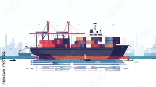 Vector container ship in the harbor Flat vector isolated on white 