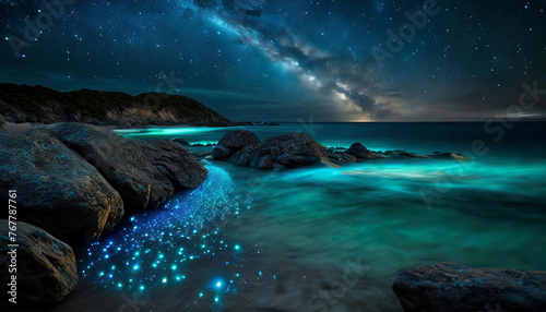 specks of bioluminescence creating a mesmerizing display along the coastline, underwater photography, photorealistic, cinematic, beautiful landscape