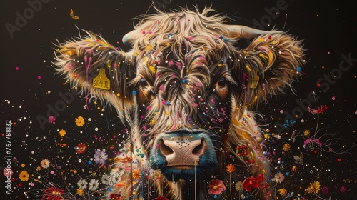 scottish highland cow beautiful animal trendy with flowers and a black background
