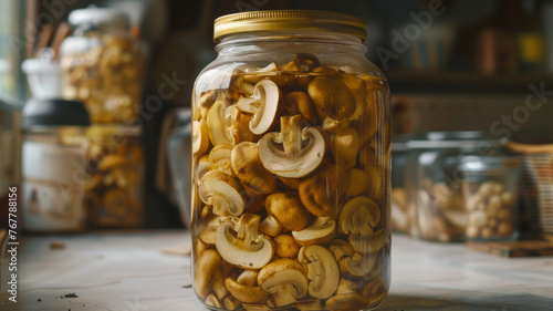 Pickled mushrooms in a glass jar on a kitchen counter, homemade preserves.