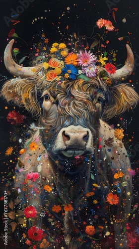 scottish highland cow beautiful animal trendy with flowers and a black background