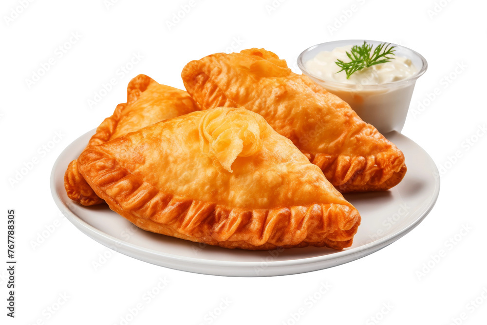 Delicate Pastries and Savory Dip on a White Plate. On a White or Clear Surface PNG Transparent Background.