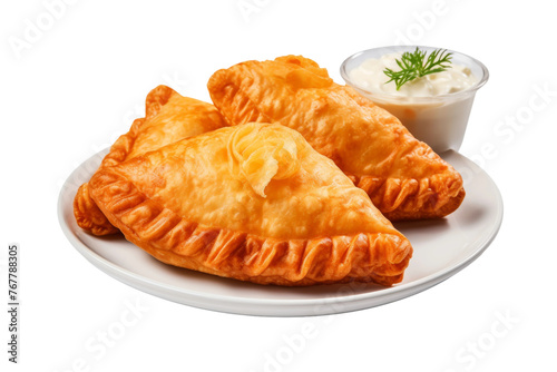 Delicate Pastries and Savory Dip on a White Plate. On a White or Clear Surface PNG Transparent Background.