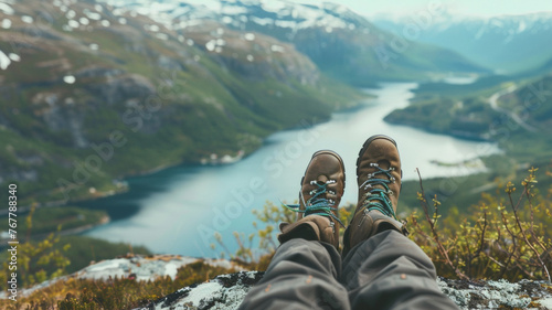 Hiker's boots dangling over a breathtaking fjord, embracing the beauty of raw nature. © VK Studio