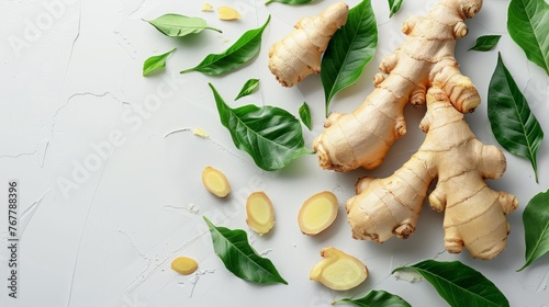 Close-up photo of ginger root It is characterized by a bulbous head and fibrous sheaths protruding from the side corners. Ginger placed on a white background Focus on natural textures