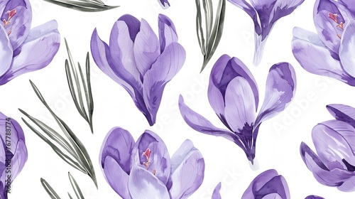 Watercolor Purple Crocuses Seamless Pattern Spring