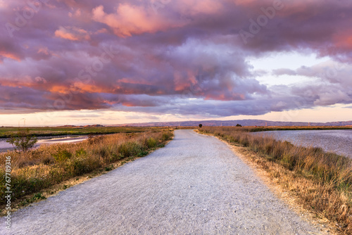 Wide walking trail crossing the restored wetlands of South San Francisco Bay Area; dramatic sunset clouds covering the sky; Mountain View, California photo