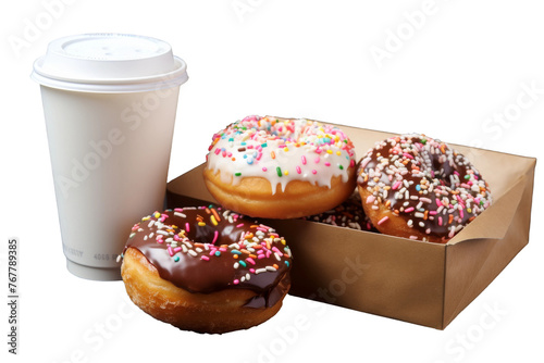 Delicious Indulgence: Box of Donuts and a Cup of Coffee. On a White or Clear Surface PNG Transparent Background. photo