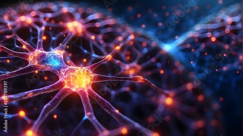 neuronal nerve cell with shining lights, neural system. Background of the human nervous system