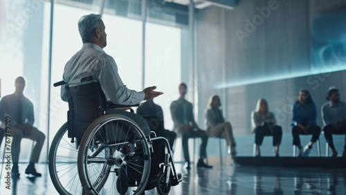 Man in a wheelchair leading a diverse group discussion in a modern office setting.