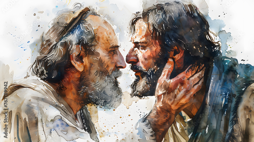 Man greeting another on the face with cheek kiss, judas and Jesus, white background, watercolor - obrazy, fototapety, plakaty 