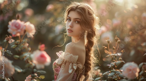 A beautiful girl with long hair stands in the rose garden.