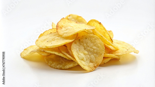 Stack of crispy potato chips on a white background