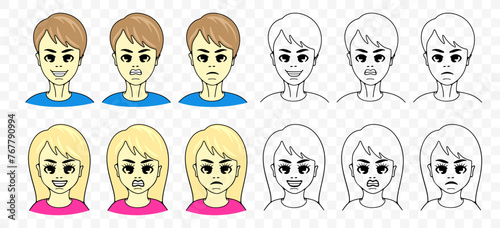 Man and woman with different emotions on their face, graphic design. Joy, smile, sadness, anger and aggression, vector design and illustration