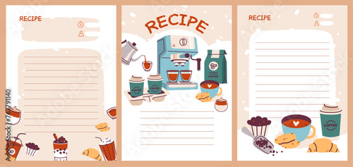 Recipe cards with different types of coffee and coffee machine. Template cookbook sheets for recipe, notes on cooking and ingredients. Flat vector illustration in minimalistic style
