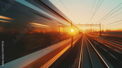 Speeding train at sunset, its motion blur evoking the rapid pace of modern life and travel.