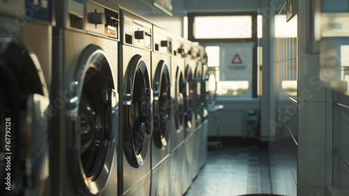 Line of laundry machines in an empty, sunlit laundromat, echoing the quiet rhythm of daily chores.