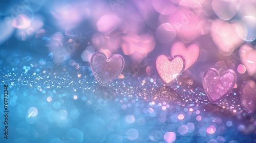 Dreamy vintage lights background. Defocused blue and pink lights with heart-shaped overlays, ideal for romantic-themed designs.