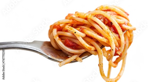 Spaghetti pasta on fork. Mouthwatering pasta in savory sauce. Appetizing texture and presentation in close-up.