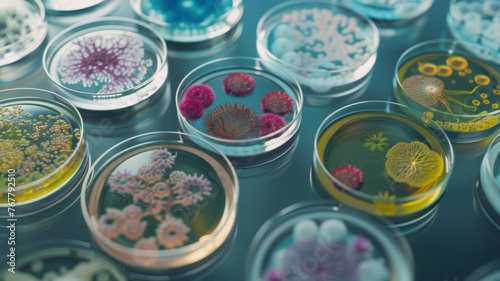 A symphony of colors within petri dishes represents diversified bacterial cultures.