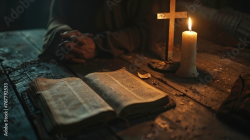 Candlelit Bible reflection. Sacred moment with open Bible and wooden cross. Flickering flames cast reverent shadows.