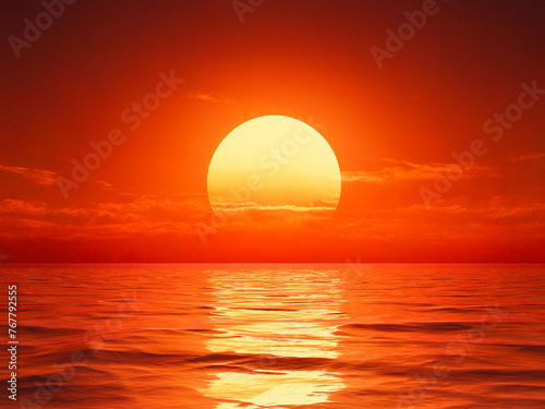 The sky is a beautiful shade of orange and the sun shines brightly, casting light on the water below. © magann