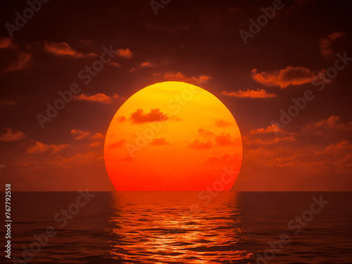 The sky is set on fire, and the sun is shining brightly, casting light on the sea.