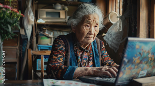 An old asian woman sitting on desk and using laptop. Cozy and soft dreamy atmosphere