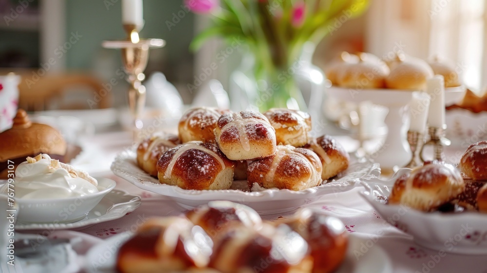Delicious Easter Brunch Table - A tempting Easter brunch spread with hot cross buns.