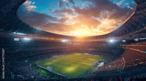 Futuristic smart stadium at sunset, glowing with advanced tech interfaces, bustling crowd. Soccer Stadium with Spectators at Sunset 