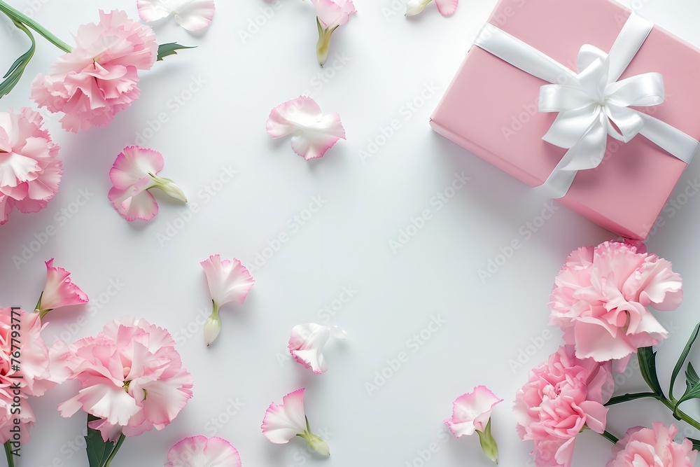 ピンクのカーネーションとプレゼントのイメージ、白背景